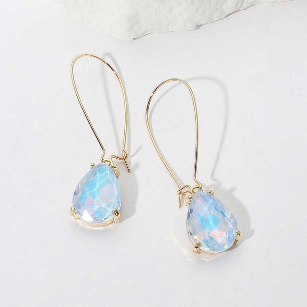 Aqua Opal Teardrop Dangle Earrings 2" Stone Wire Simple Jewelry Gold Water Drop
